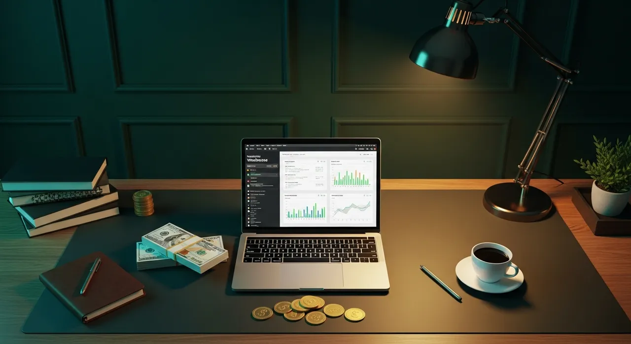 Luxurious modern home office workspace with MacBook showing wealth dashboard, gold coins, money, and warm golden lighting on a dark emerald background