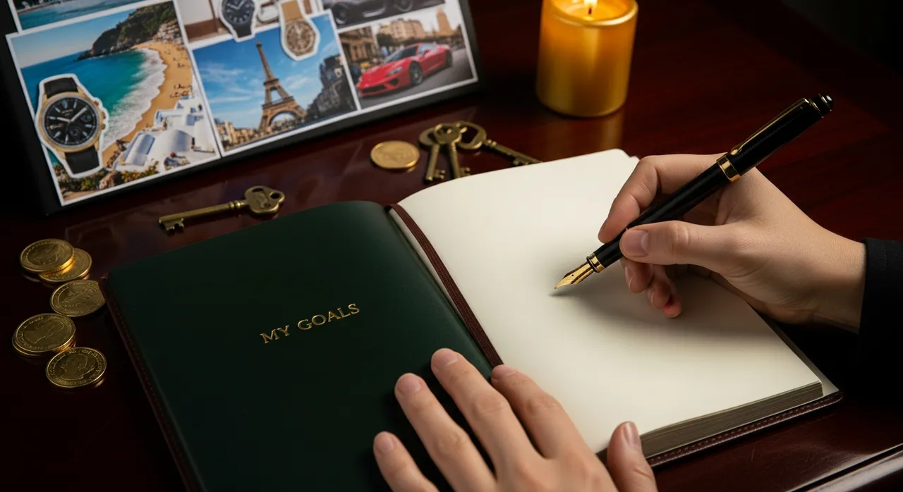 Person writing goals in a leather journal by golden candlelight with gold coins scattered on a dark mahogany desk