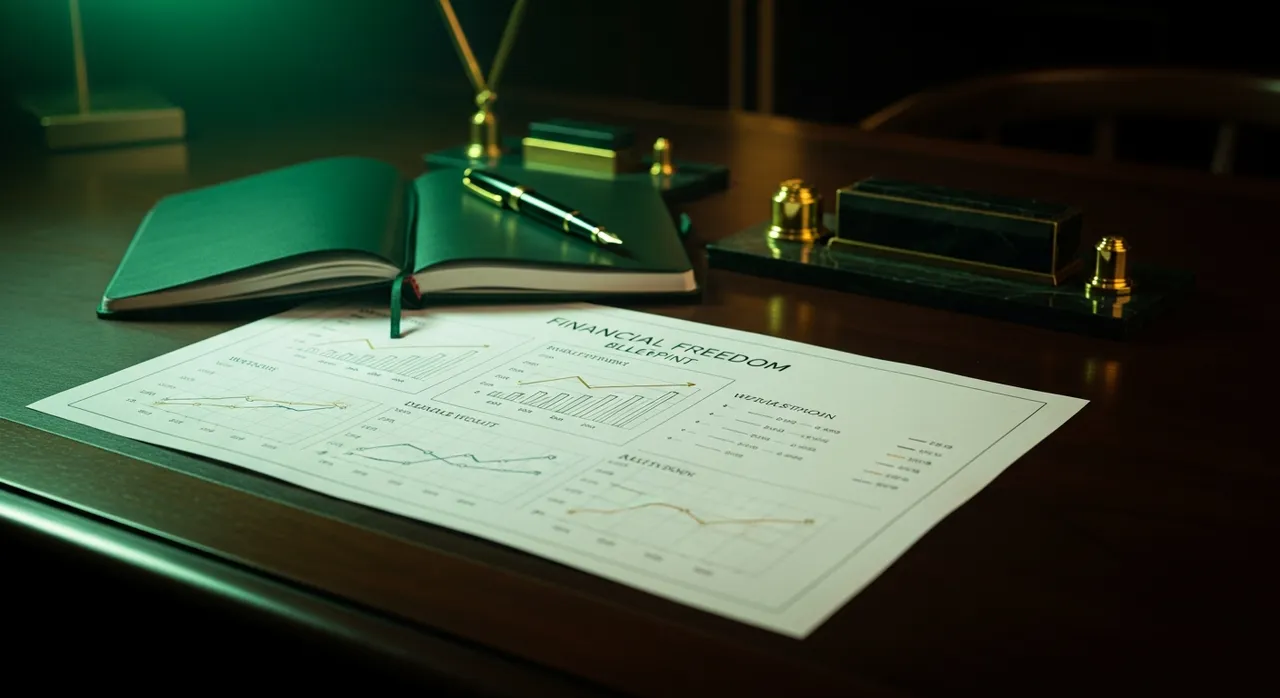 Financial freedom blueprint with upward wealth growth charts and a gold pen on a dark elegant desk