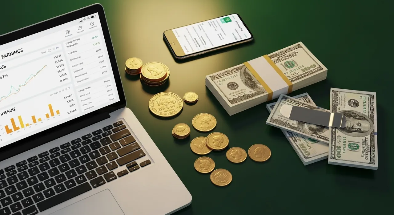 Overhead flat-lay of laptop with earnings dashboard, stacked cash, and gold coins on a dark emerald surface