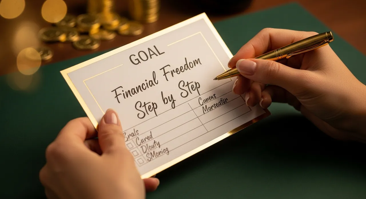 Premium gold-trimmed goal card held over an emerald desk with luxury gold pen and financial freedom written on it