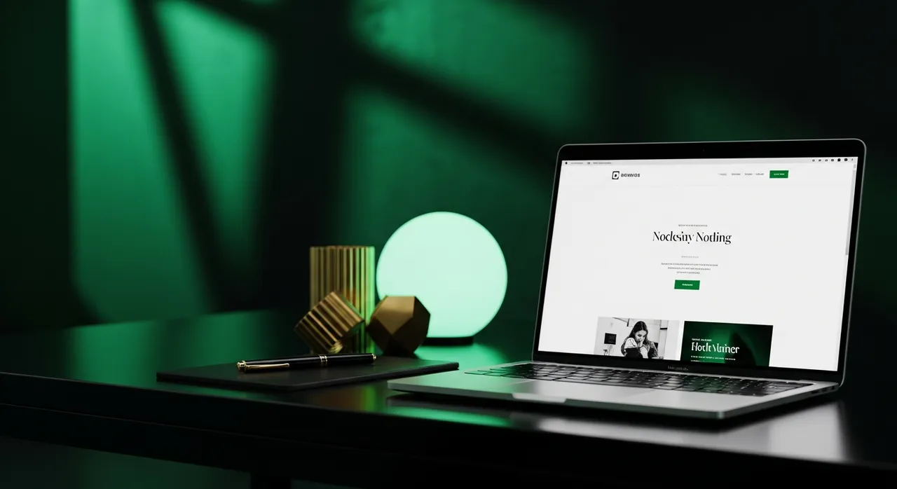 Sleek laptop open showing a professional website homepage with emerald ambient lighting on a polished dark desk