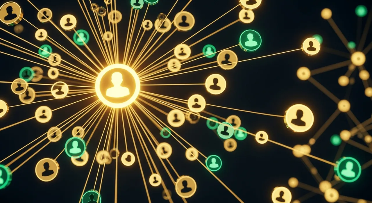 Glowing network of connected profile circles in gold and emerald against a deep dark background representing 1000 community members