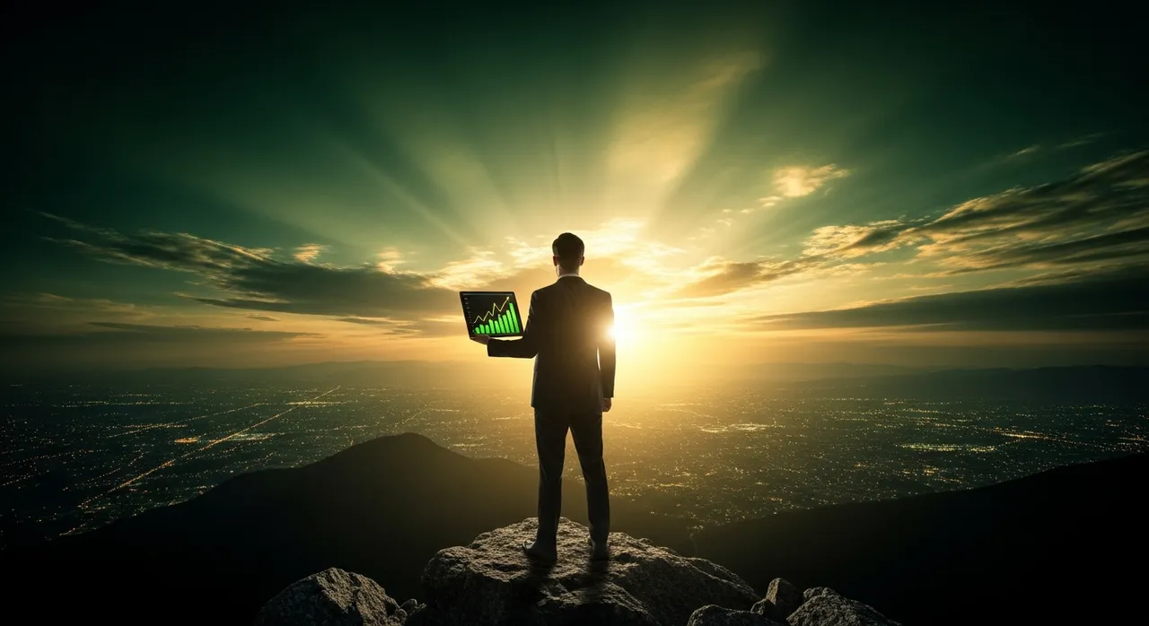 Entrepreneur on a mountaintop at twilight looking over a city with a tablet showing upward business charts and gold sunset rays