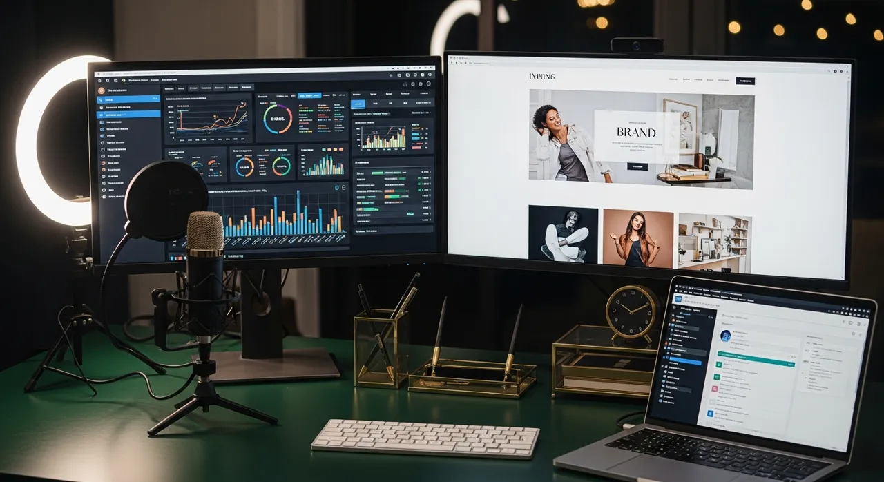High-energy dual monitor online business setup with microphone, ring light, and premium dark emerald desk with gold accessories